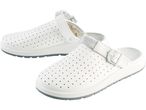 Pair of white perforated Work Leather Clogs with a strap and buckle