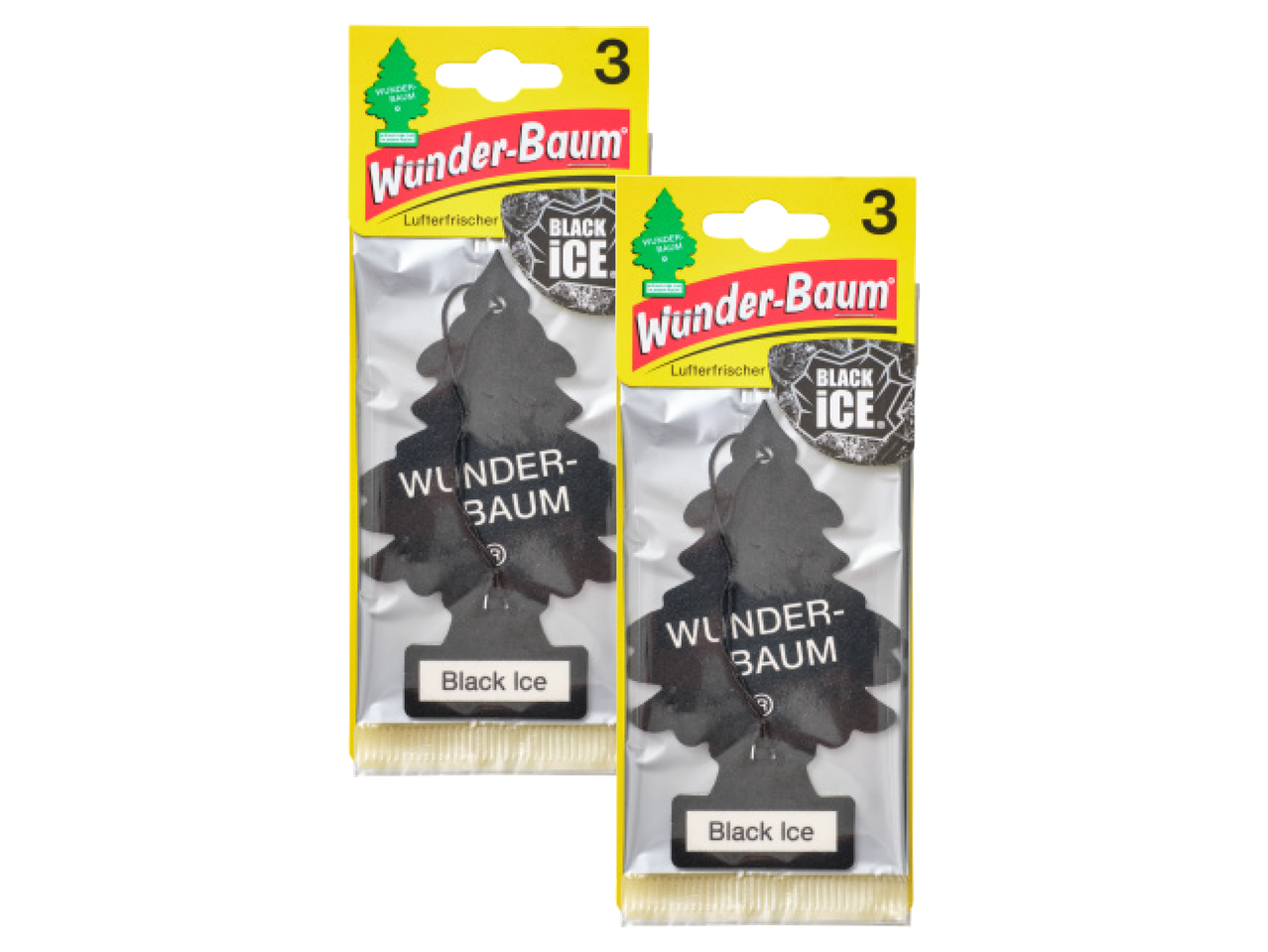 Kaks Wunder-Baum Black Ice õhuvärskendajat, mis on pakendatud ja valmis riputamiseks.