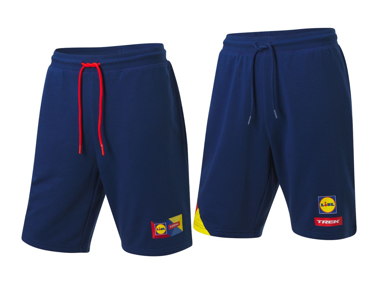 Temno modre kratke hlače Lidl-Trek s poudarjenimi logotipi.
