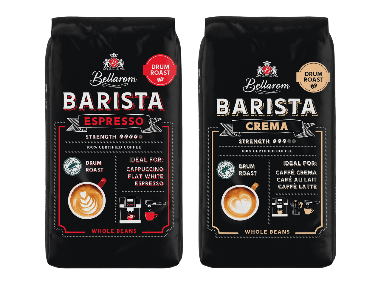 Kaksi mustaa kahvipakkausta, joissa toisessa lukee Barista Espresso ja toisessa Barista Crema.