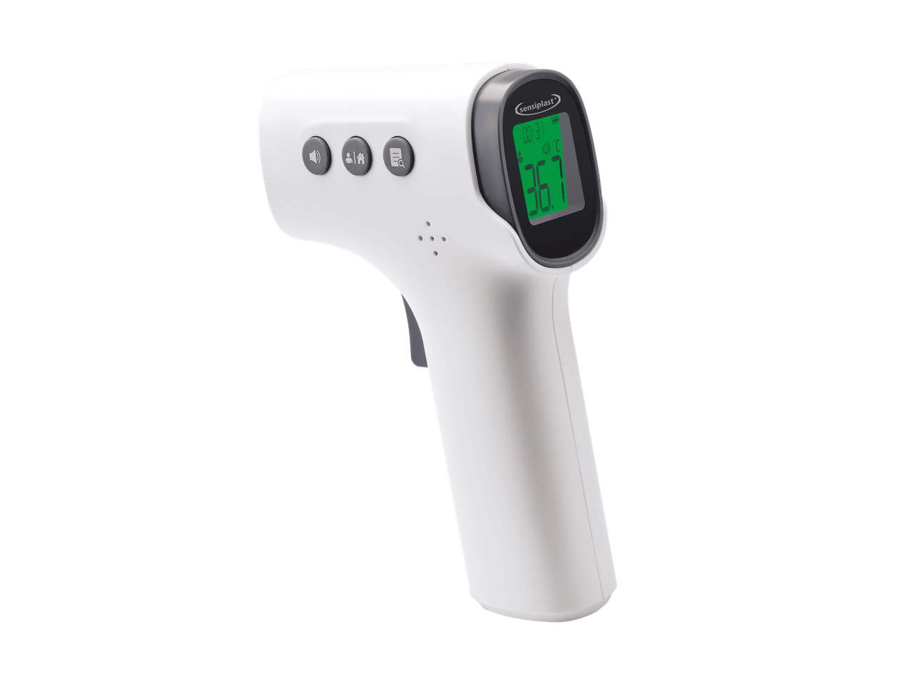 Un thermomètre infrarouge numérique blanc avec un écran vert affichant 36.7 °C.