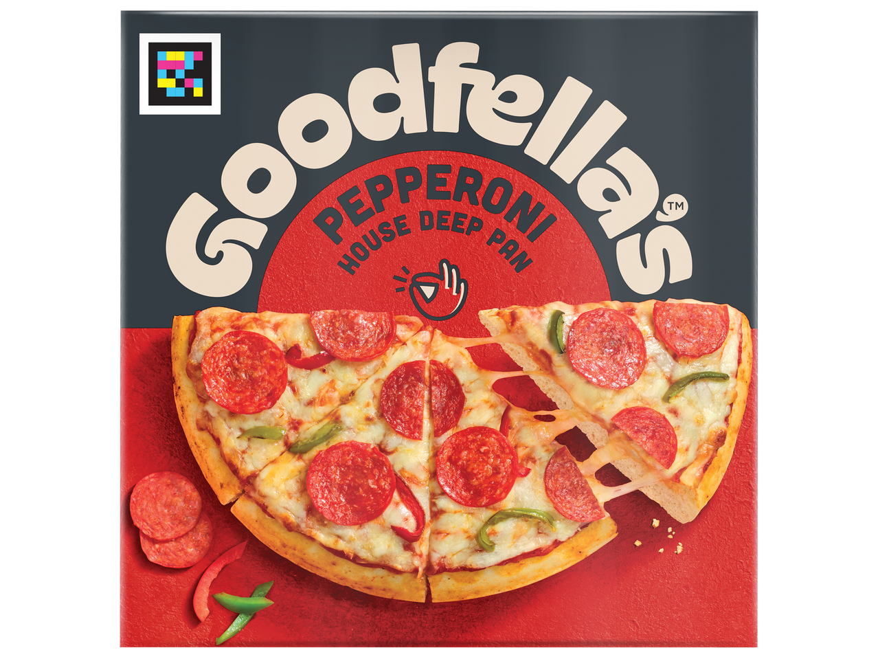 Goodfellas Pepperoni House Deep Pan pizza with a slice being pulled away