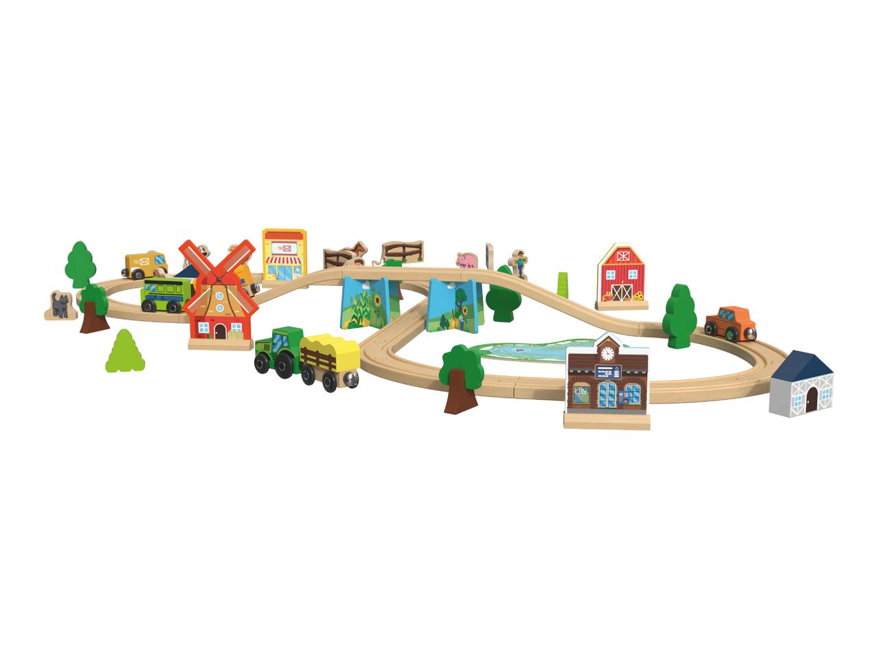 Wooden toy train set with farm animals, vehicles, buildings, and trees.