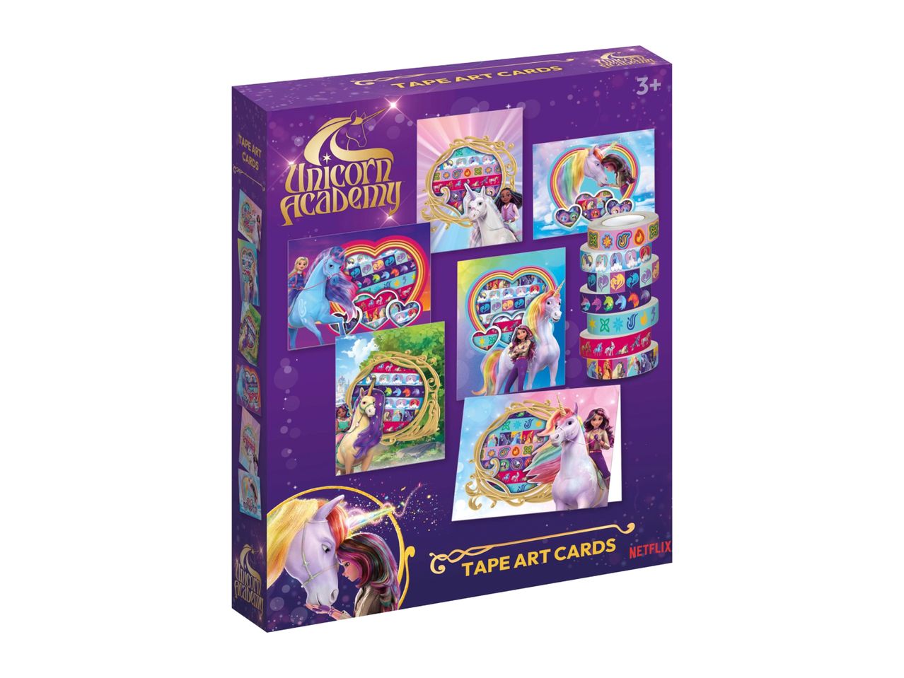 Unicorn Academy Tape Art Cards set with various unicorn and character designs, age 3+