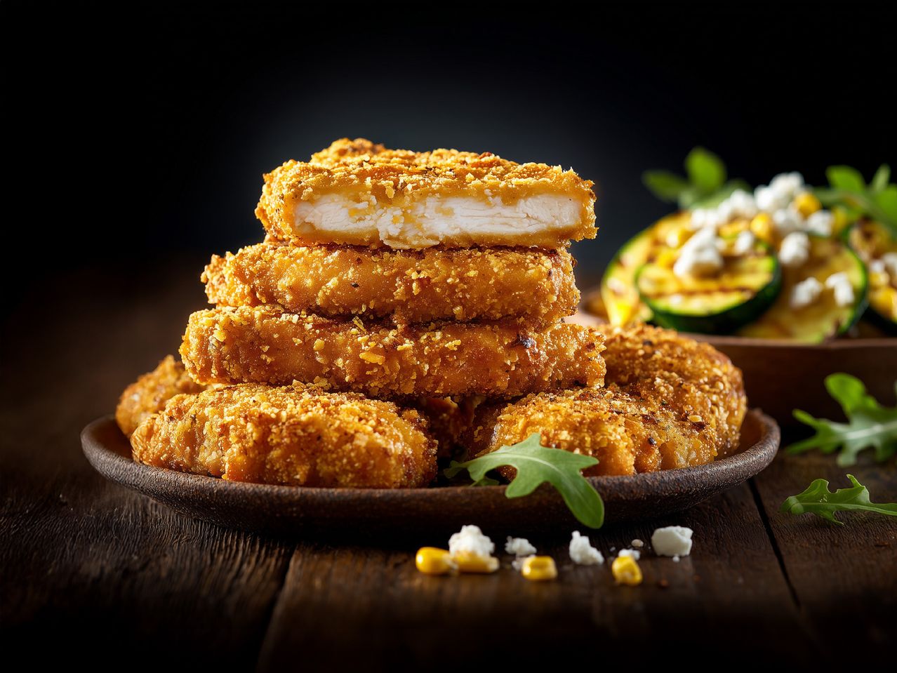 Pohani pileći medaljoni s umakom i salatom od tikvica i kukuruza.