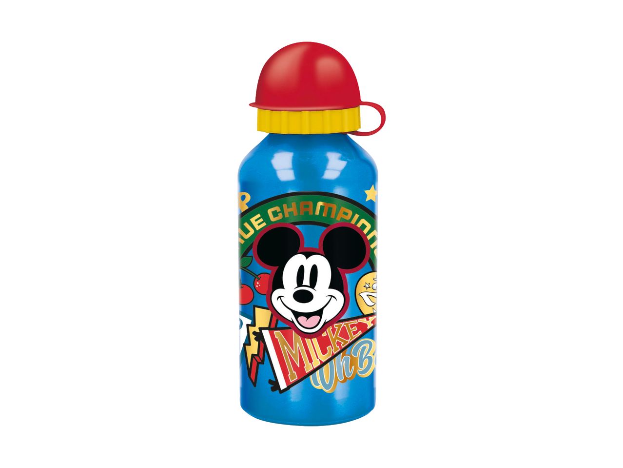 Blue water bottle with a red cap and a Mickey Mouse design.