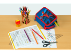 Pencils, Spider-Man pencil case, rulers, and scissors on a desk.