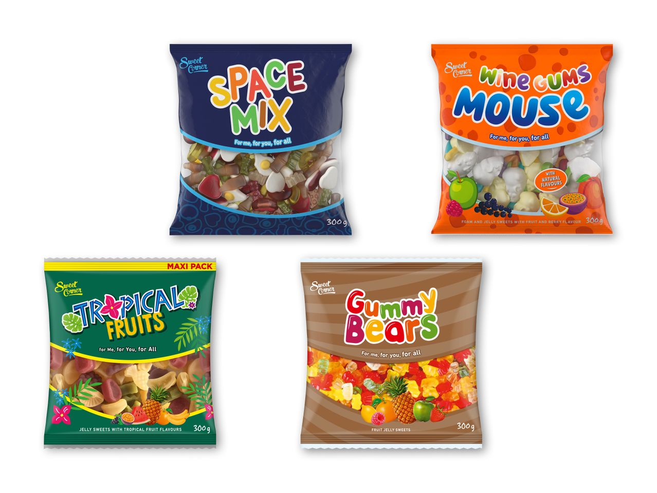 Fire poser slik: Space Mix, Wine Gums Mouse, Tropical Fruits og Gummy Bears, alle 300g.