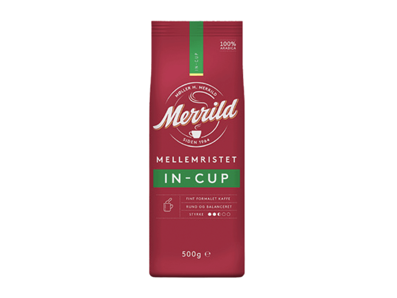 Punane pakend keskmise röstiga jahvatatud kohviga, millel on kiri 'IN-CUP'.