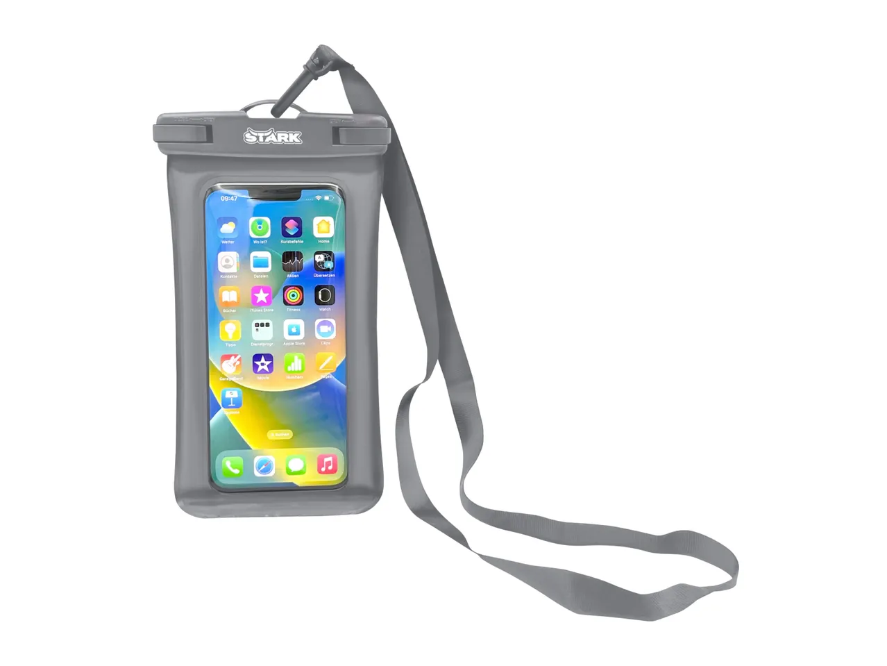 Grey waterproof phone pouch with a smartphone inside, displaying various app icons.