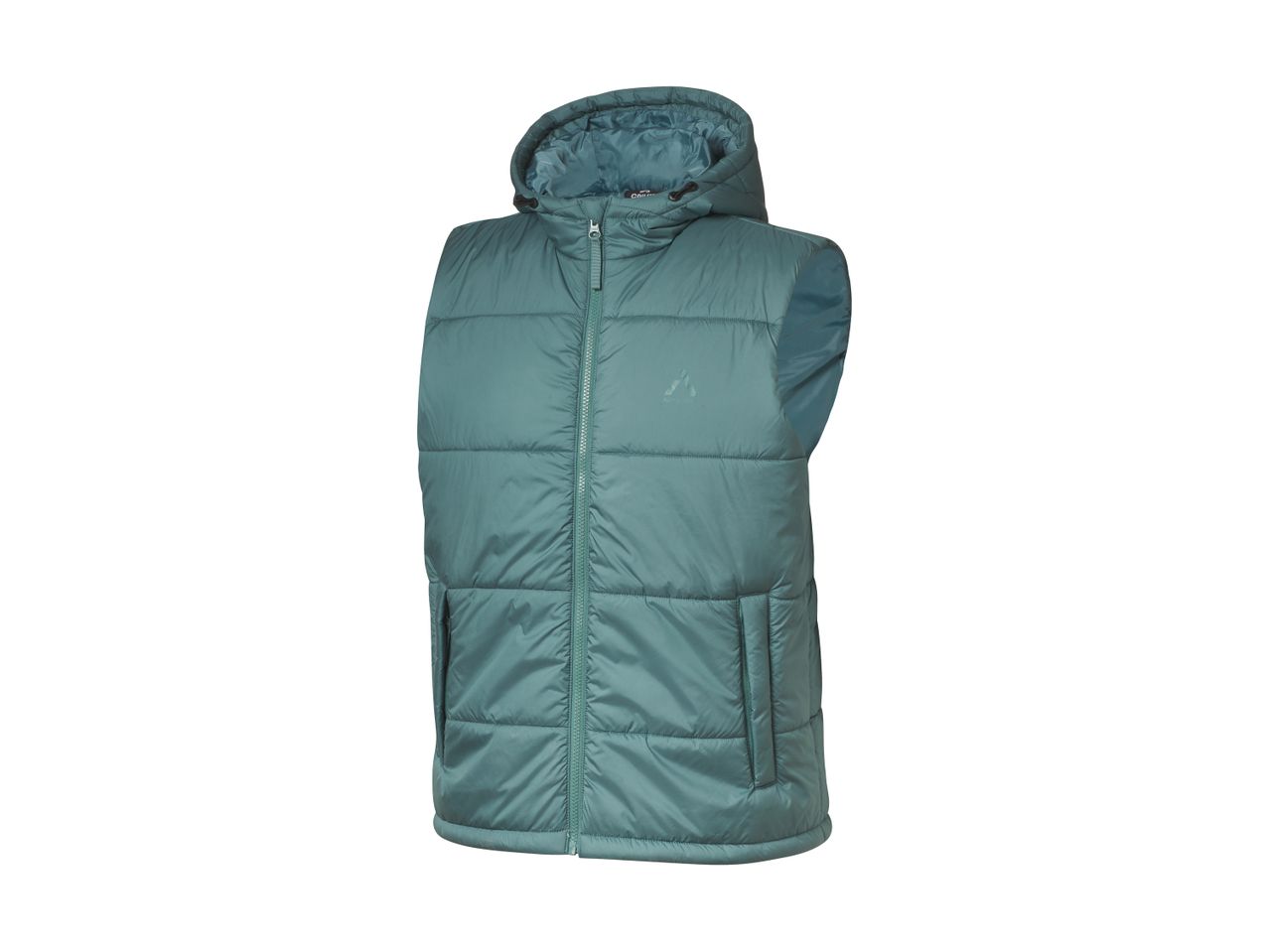 A teal hooded puffer vest with a zipper closure and pockets.