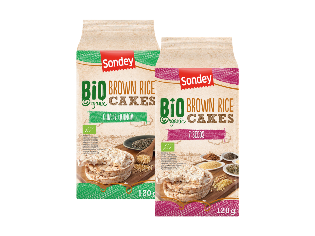 Dva pakovanja organskih krekera od smeđeg pirinča, jedan sa čia semenom i kinoom, drugi sa 7 semenki.