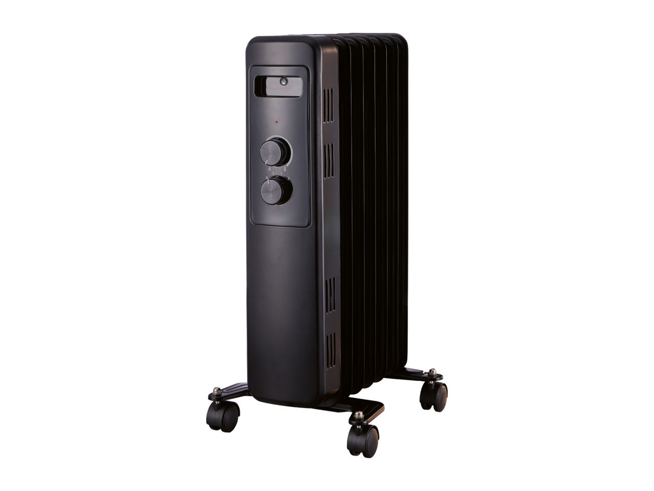 Black oil-filled radiator heater on wheels