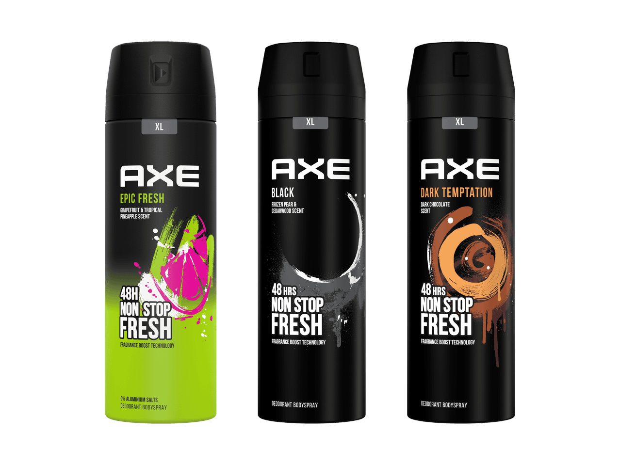 Drei Axe Deodorants: Epic Fresh, Black und Dark Temptation.