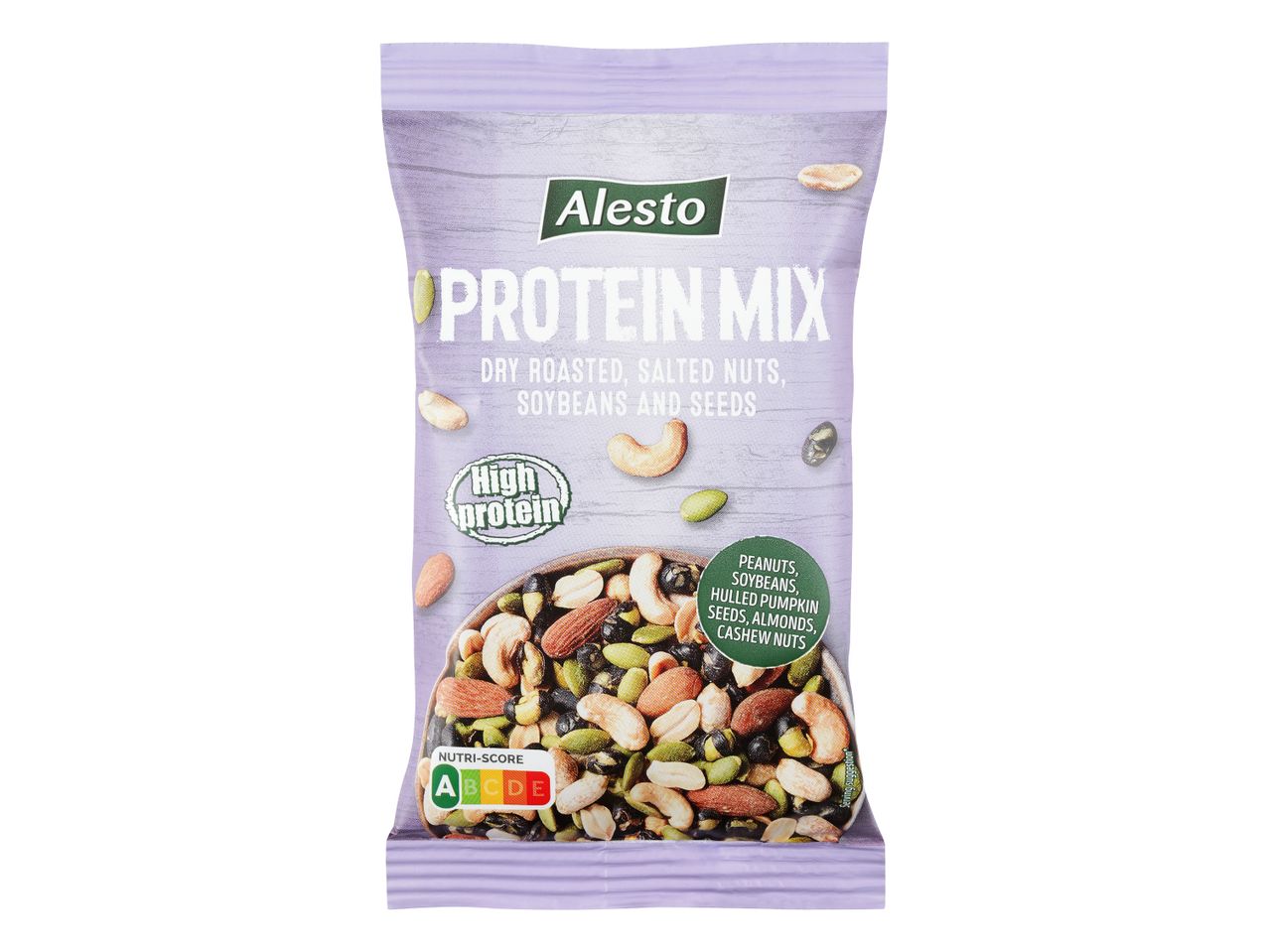Alesto Protein Mix: suho praženi, soljeni oreščki, soja in semena v vrečki.