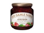 Jordbærmarmelade i glas med etiket, der fremhæver 'Den Gamle Fabrik' og 'Jordbær'.
