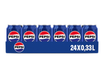 Een sixpack blikjes frisdrank in een blauwe verpakking met een logo en de tekst '24X0,33L'.