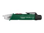 Green and black non-contact voltage tester with a clip and red buttons, branded Parkside.