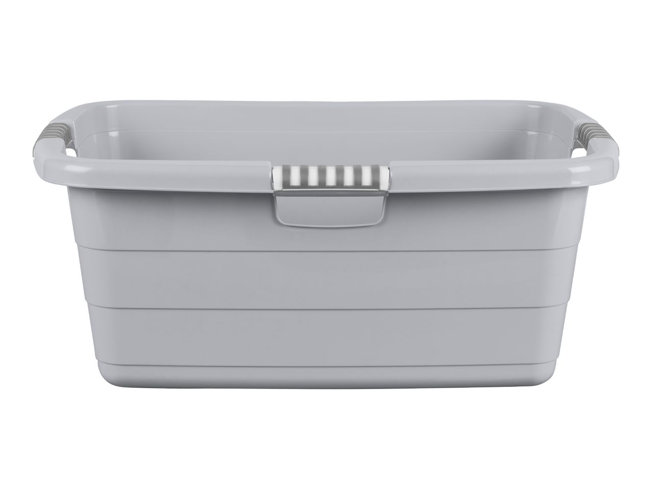 A gray plastic laundry basket with handles.