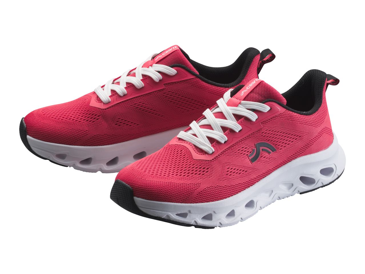 Pair of red and white athletic shoes with black accents and white laces