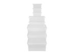 A stack of clear plastic storage boxes of varying sizes.