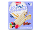 Yoghurt biscuit met bosvruchtensmaak in een verpakking van 5 x 2 stuks.