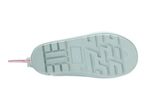 Bottom view of a light blue children's rain boot with a textured sole.
