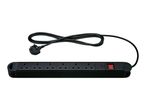 Black 6-way power strip with UK plugs and a red illuminated on/off switch.