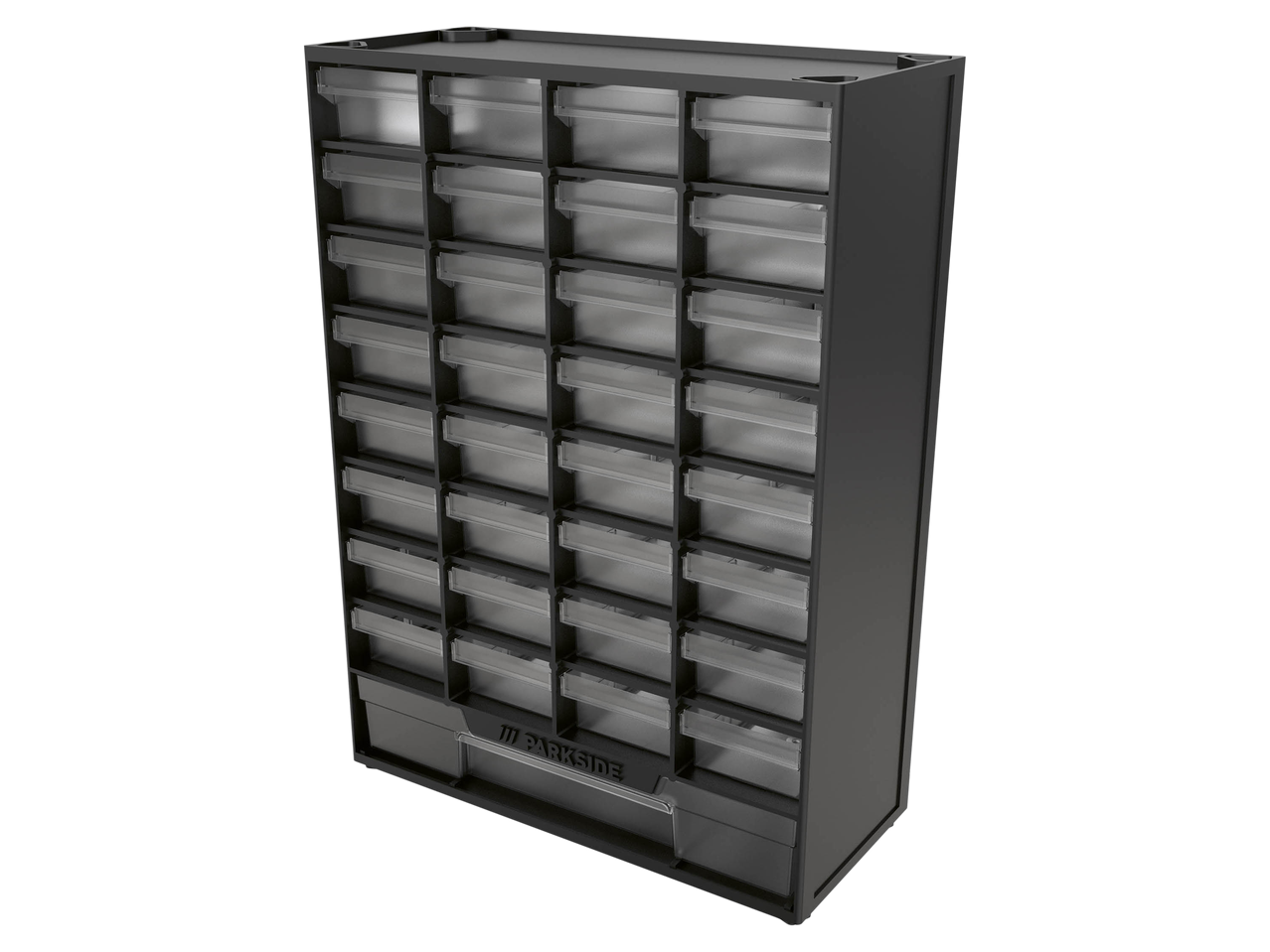 Black storage cabinet with multiple transparent drawers for small parts.