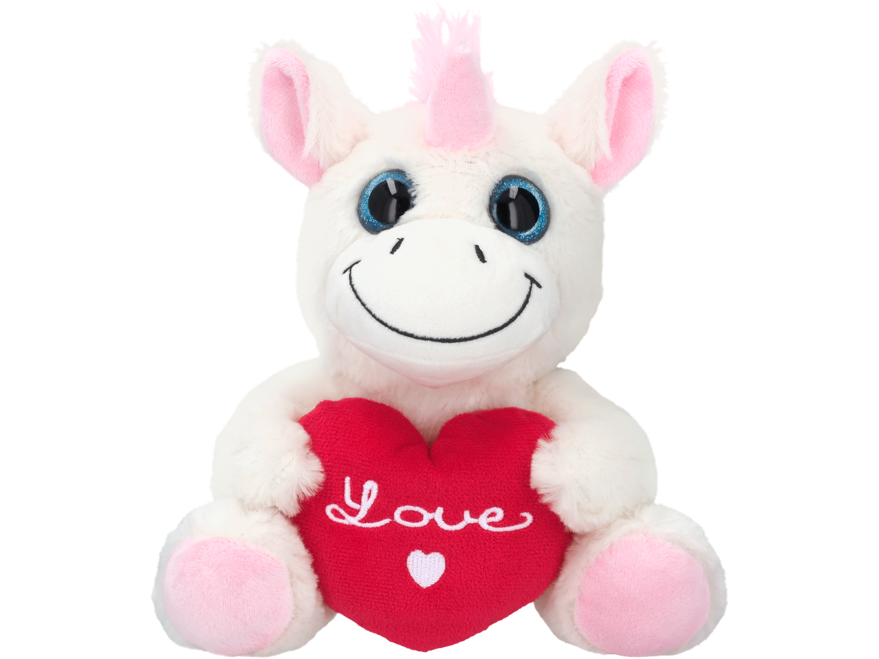 Baltas vienaragio pliušinis žaislas su raudona širdimi, ant kurios parašyta „Love“.