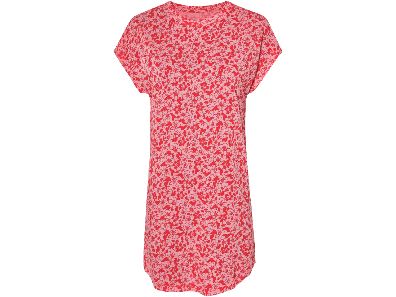 Trumpomis rankovėmis raudonais žiedais marginta suknelė.