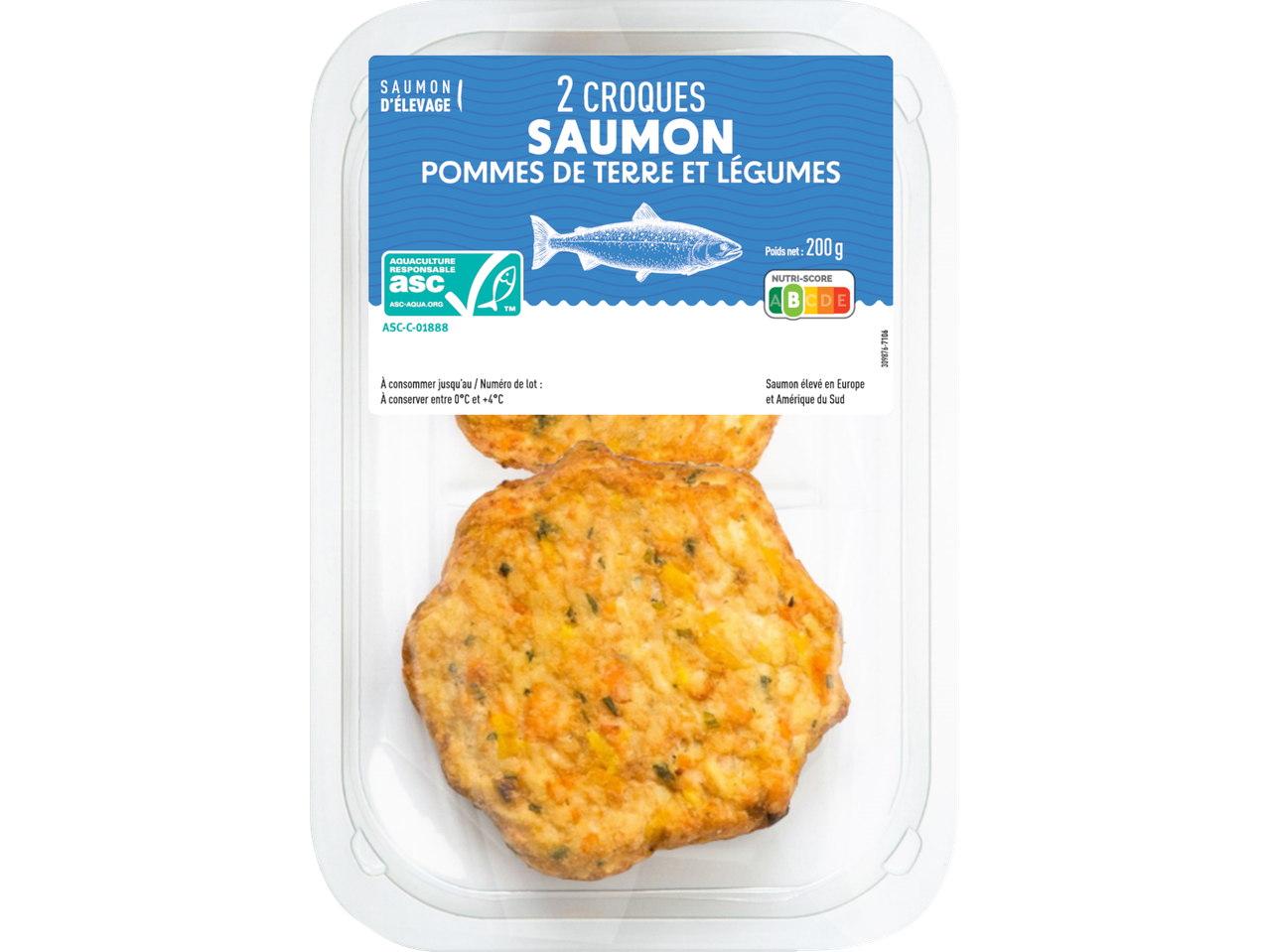 Paquet de deux croquettes de saumon aux pommes de terre et légumes, avec logo ASC et Nutri-Score.