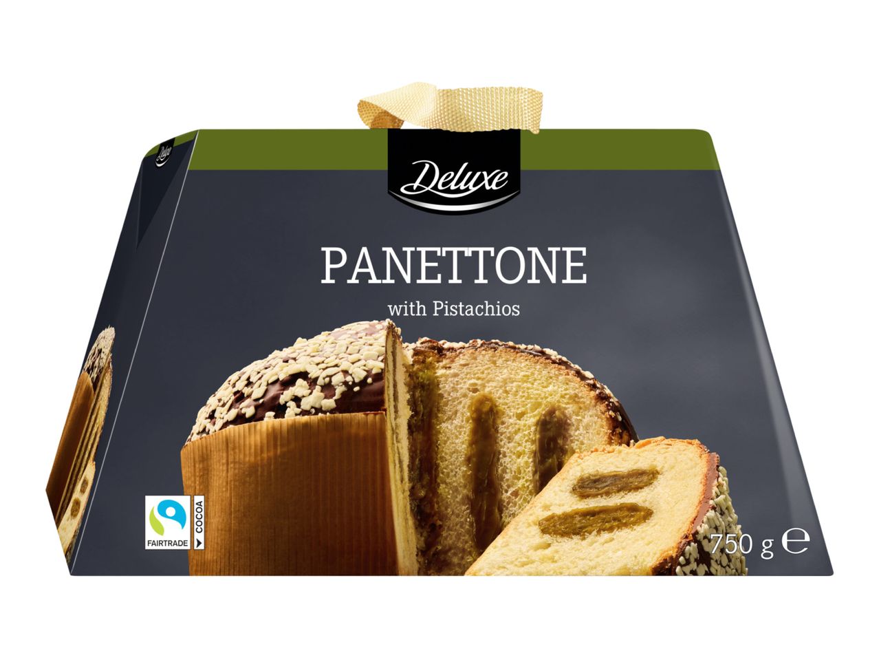 Panettone with pistachios in a dark grey gift box with a gold handle, 750g.