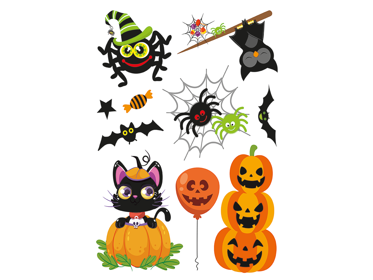 Különböző halloweeni matricák gyűjteménye, köztük tökök, denevérek, pókok és egy fekete macska.
