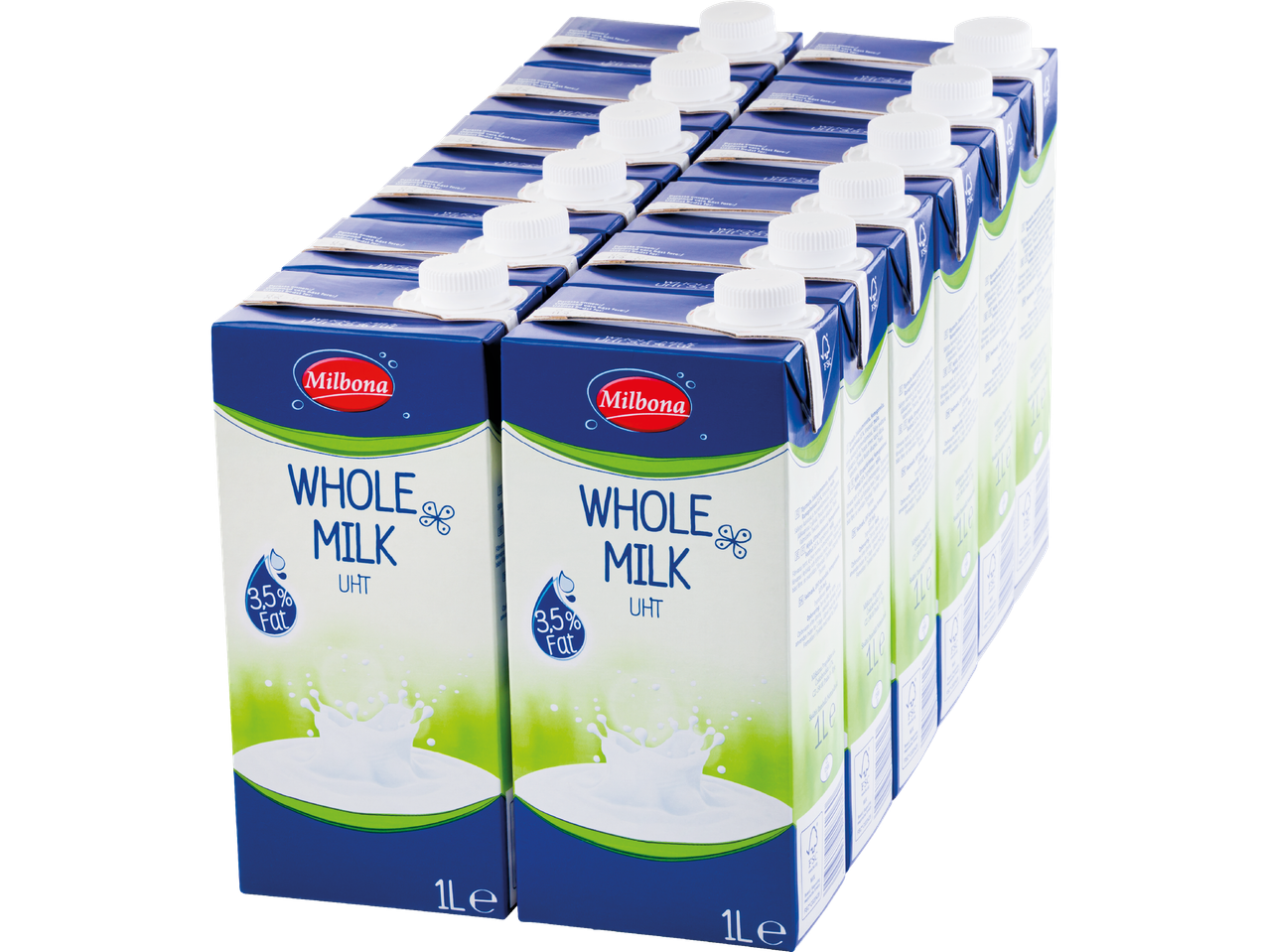 Tolv kartonger Arla helmjölk.