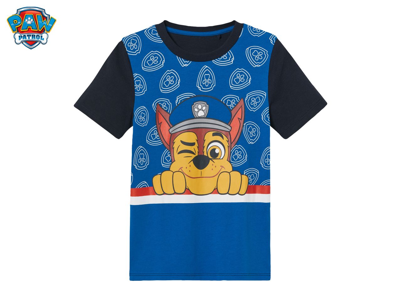 Blue children's t-shirt with a cartoon dog wearing a police hat and winking, with paw print badges.