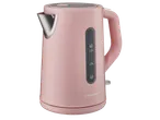 Chaleira elétrica rosa com bico prateado e medidor de nível de água.