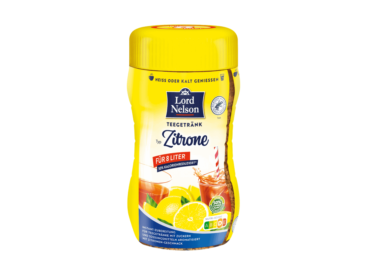 Zitronen-Teegetränk in gelber Dose, heiß oder kalt genießbar, 50% kalorienreduziert.