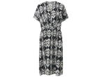 Robe longue noire et blanche à motif abstrait, col en V et manches courtes.