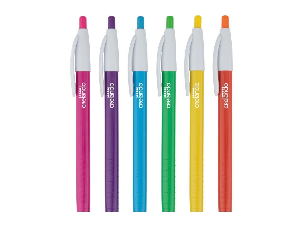 Six colorful ballpoint pens in pink, purple, blue, green, yellow, and orange.
