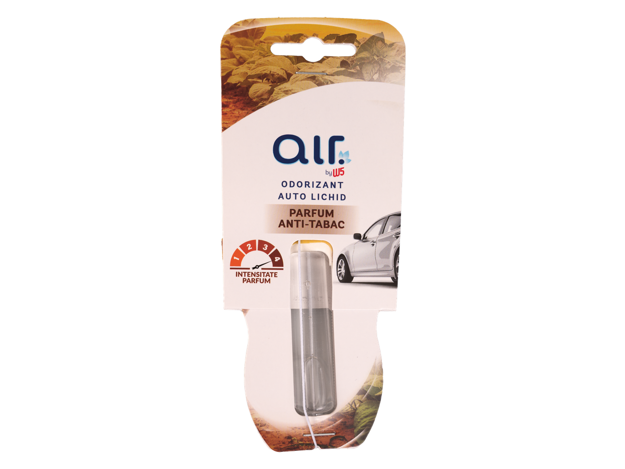 Odorizant auto lichid AIR BY W5, parfum anti-tabac, cu indicator de intensitate.