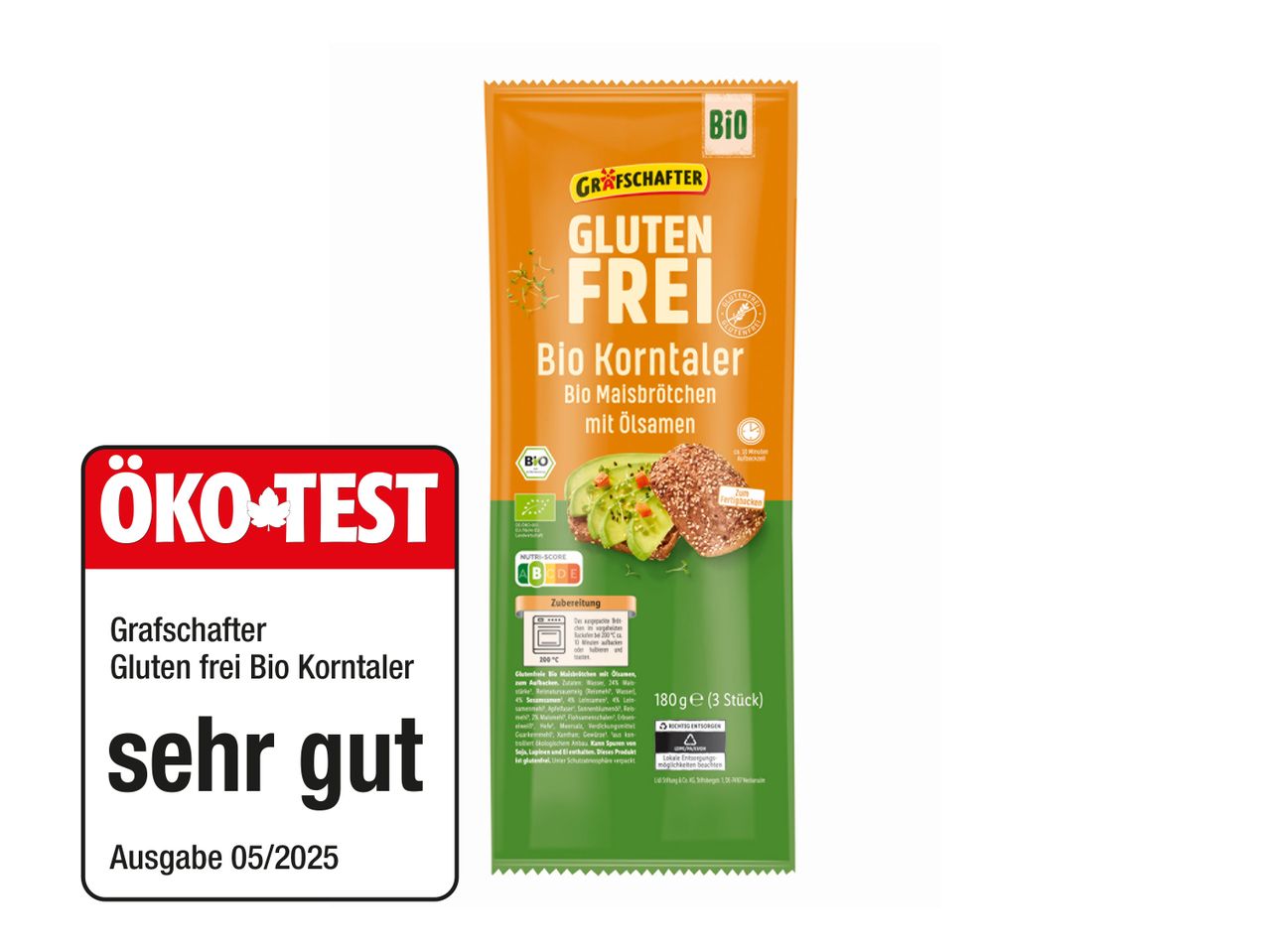 ÖKO-TEST bewertet Grafschafter glutenfreie Bio-Korntaler mit 'sehr gut'.
