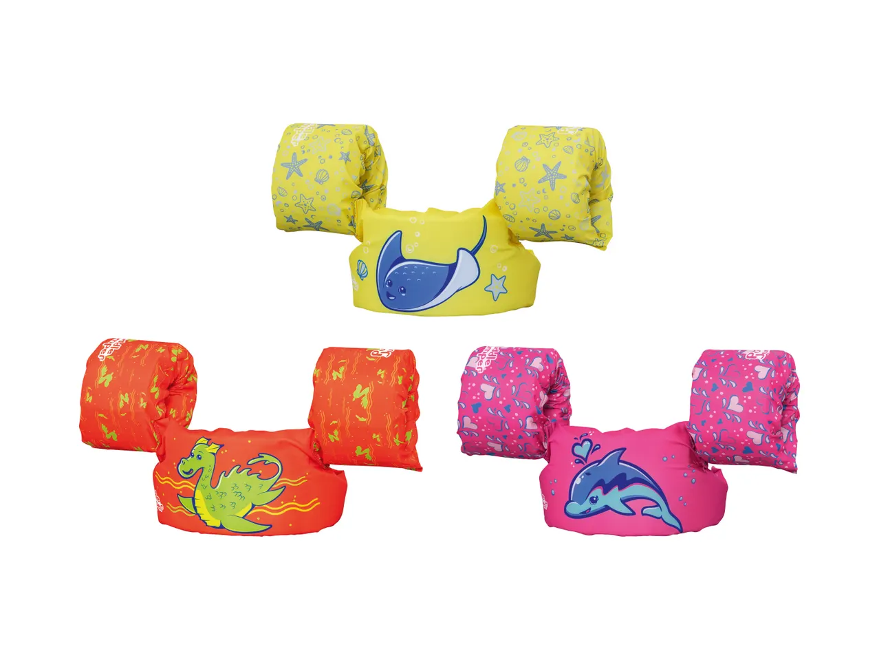 Drei Schwimmhilfen für Kinder in Gelb mit Rochen, Rot mit Drachen und Pink mit Delfin.
