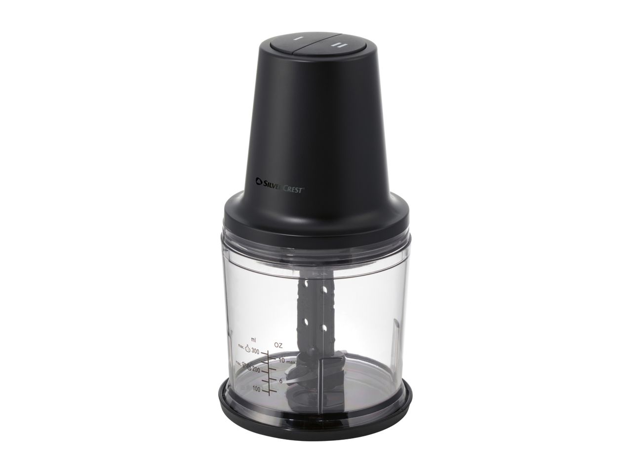 SilverCrest food chopper with a black motor unit and clear bowl with measurements.