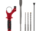 SDS-Plus hammer drill accessories including a side handle, chisel, drill bits, and depth stop.
