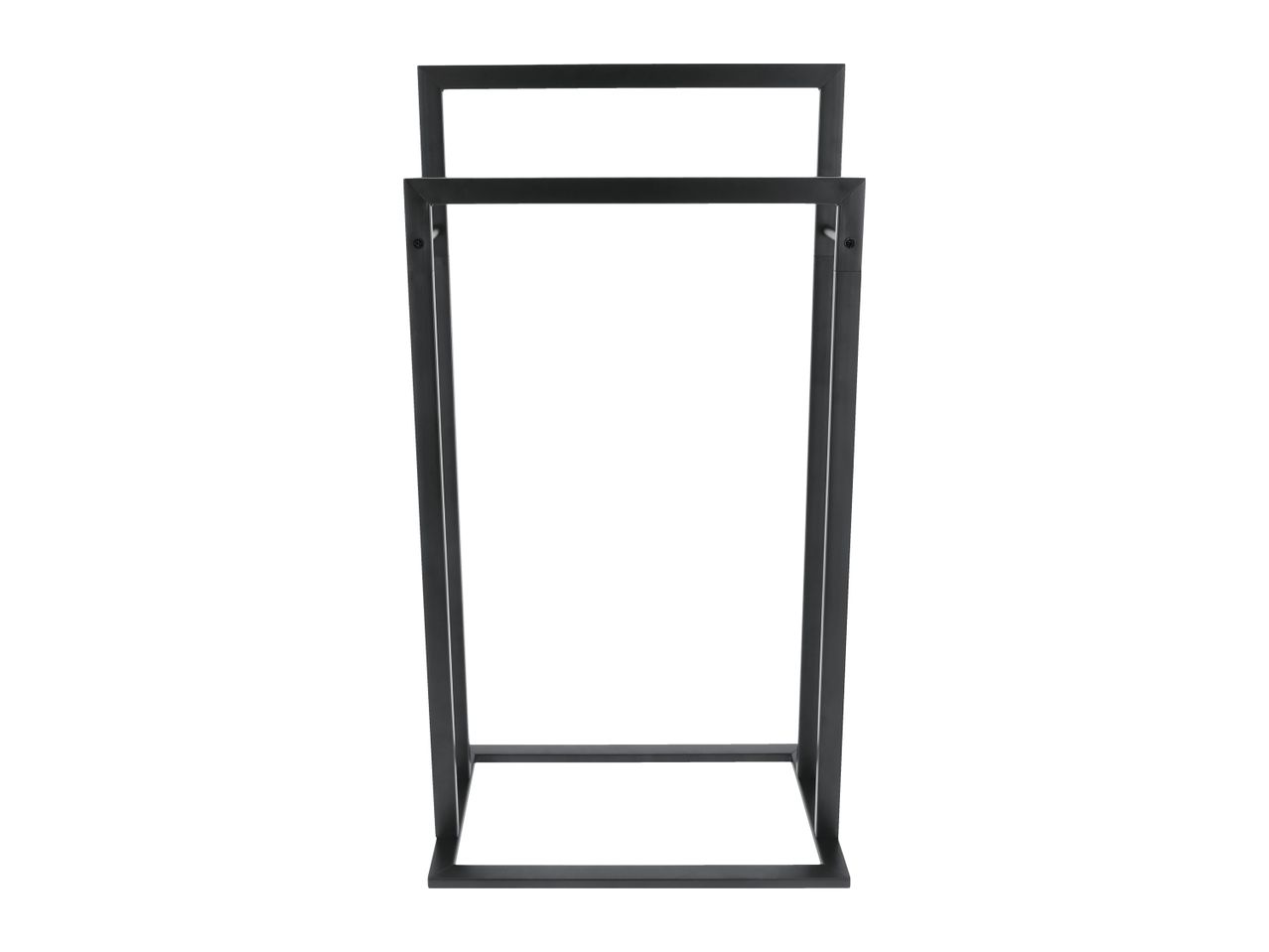 Black metal towel rack with two bars, standing upright on a white background.