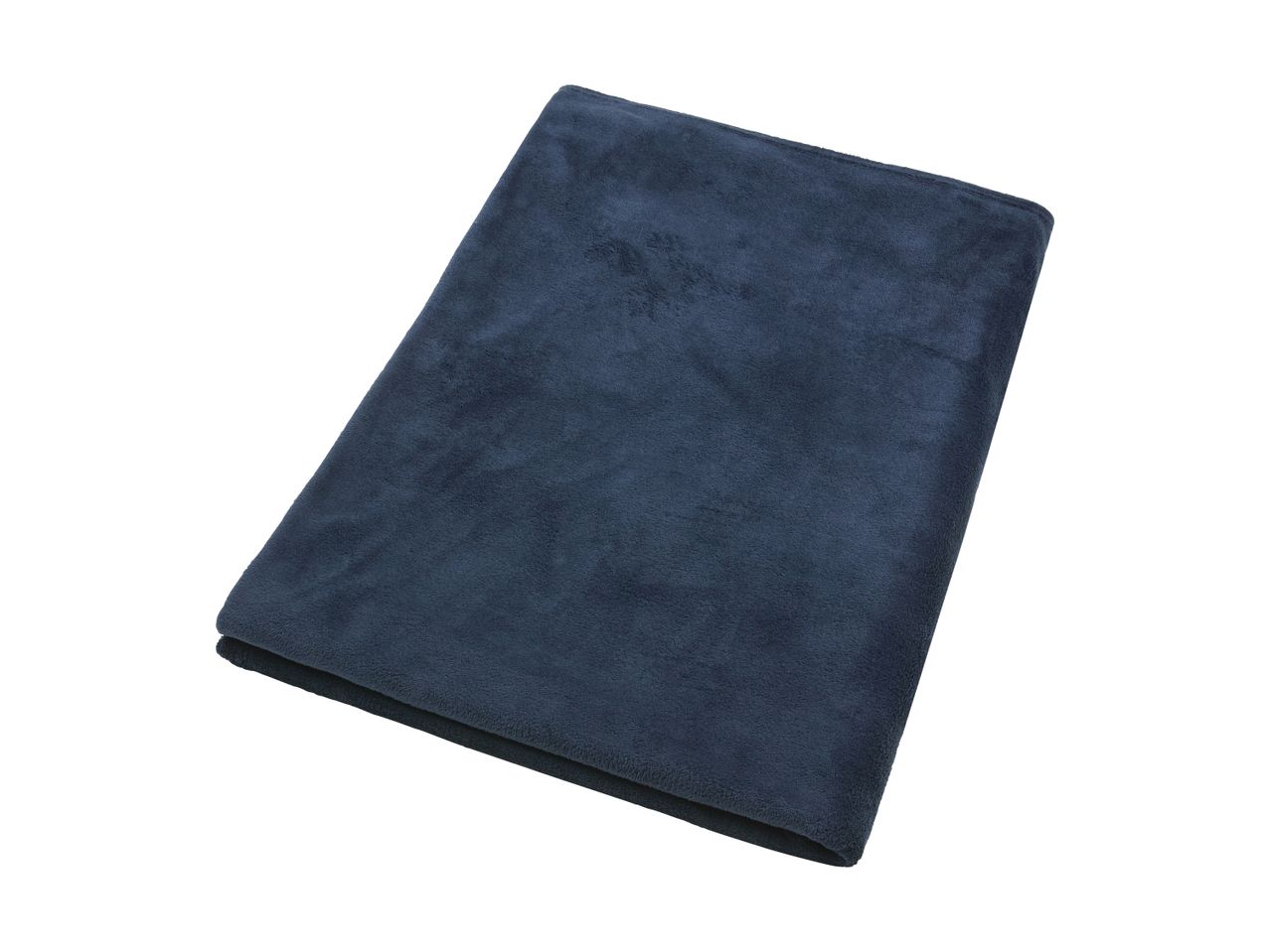 A folded dark blue fleece blanket or throw on a white background.
