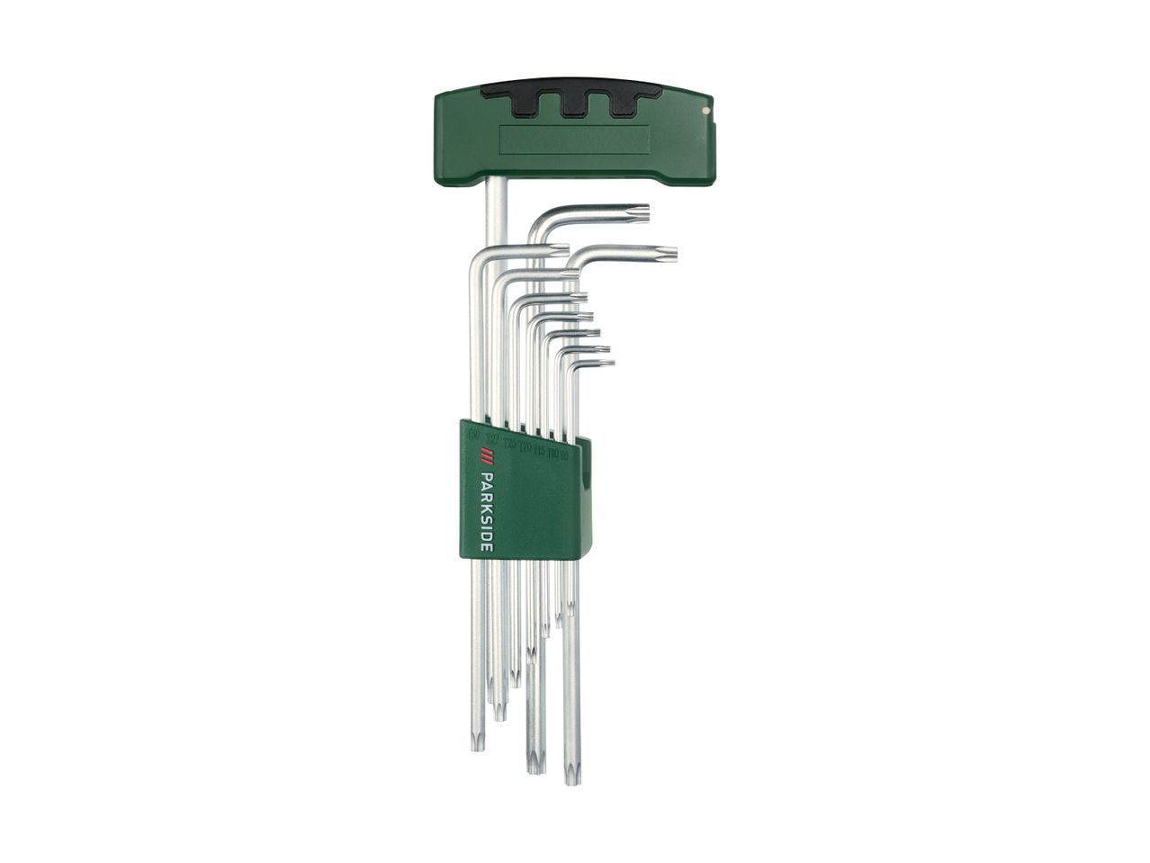 Set of L-shaped Torx keys in a green holder, sizes T50 to T9.