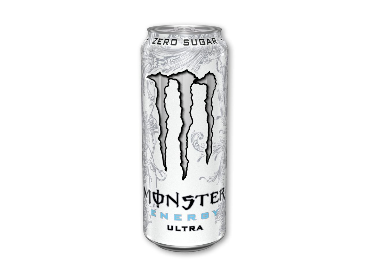 Hvid sukkerfri energidrik med et stort sort logo og grå mønstre.