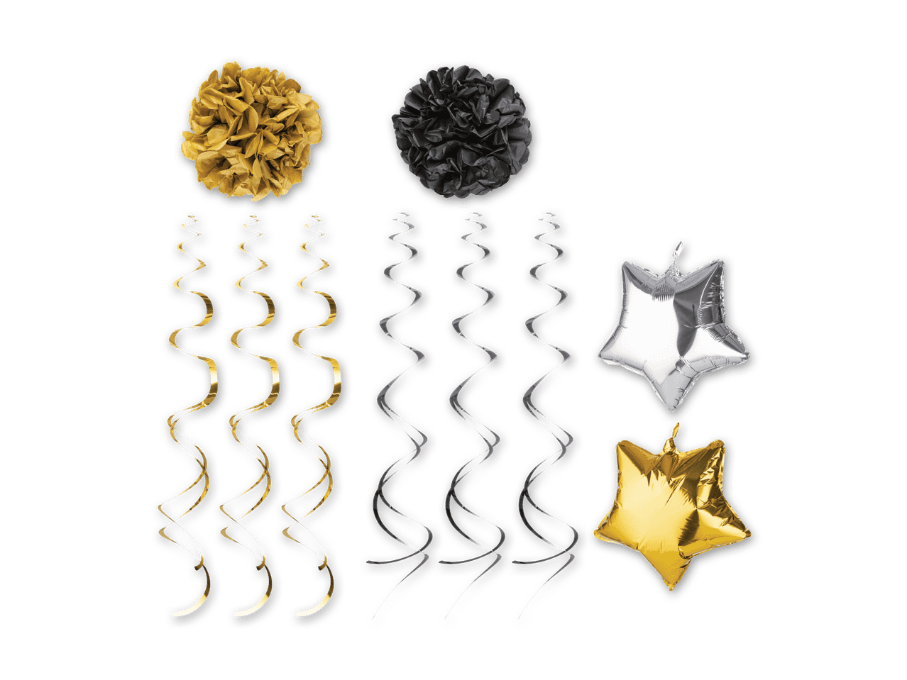 Goldene und schwarze Partydekorationen: Pompons, Spiralgirlanden und Sternballons.